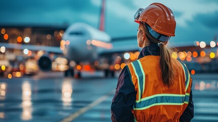 Construction worker observes airplane takeoff at busy airport at twilight