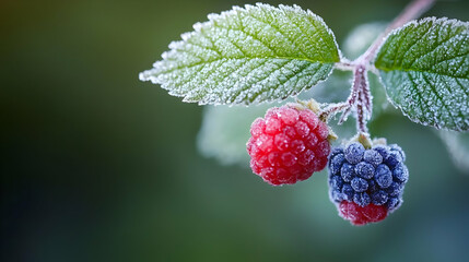 Frozen Raspberries And Blackberries On Branch