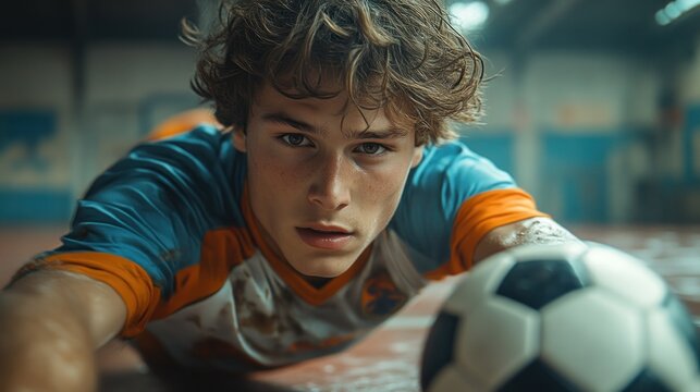 Intense Soccer Player in Action Focused on the Ball Sports Uniform Dynamic Pose Indoor Aren