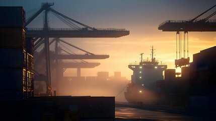 Obraz premium Sunrise Port Cargo Ship Containers Silhouette