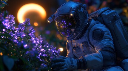 Astronaut examining glowing purple alien plants on an exoplanet at night.