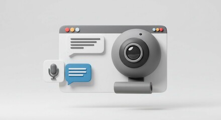 Webcam on Browser Window: A minimalist 3D rendering of a webcam on a browser window, showcasing modern communication technology with its clean design.