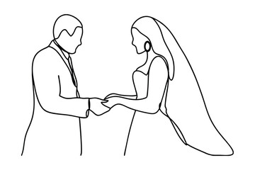 Minimalist Wedding Couple Line Art Newlyweds Holding Hands Simple Continuous Outline Drawing Bride And Groom Abstract Vector Illustration