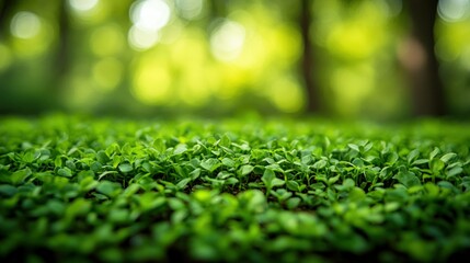Naklejka premium Lush green foliage in a sunlit forest. Close-up view of young plants