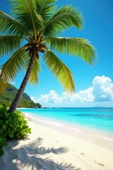 Obraz premium Palm trees sway gently in the breeze on a serene tropical sandy ocean beach, nature, tropical