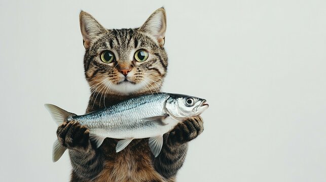A tabby cat holds a fish, showcasing a playful and curious expression.