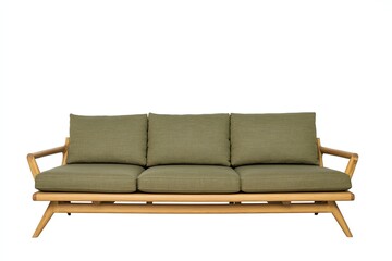 Comfortable Three-seater Sofa with Wooden Frame and Green Cushions