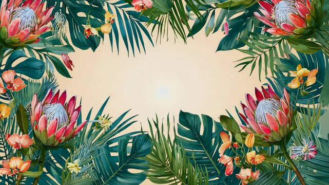 Lush tropical arrangement featuring protea and orchids framing a bright, light beige background with lush green monstera and palm leaves