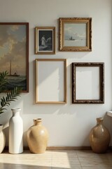 A collection of vintage and contemporary photo frames in various styles are arranged on a neutral-colored wall amidst artwork and sculptures, photo frames, eclectic decor