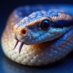 Fototapeta premium Snake closeup face with sharp teeth, scales glistening in blue light, nature, wildlife