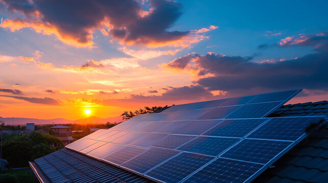 solar panel on roof with arial view and sunset.ai generative