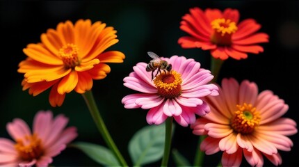 Obraz premium Bee pollinating colorful zinnia flowers in vibrant garden setting.
