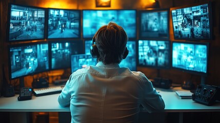 Surveillance Operator Monitoring Multiple Screens in a Security Control Room