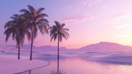 Tranquil Sunset Over Palm Trees in Serene Desert Landscape