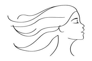 Minimalist Line Art Portrait Of A Woman With Flowing Hair In Profile Elegant Black And White Illustration