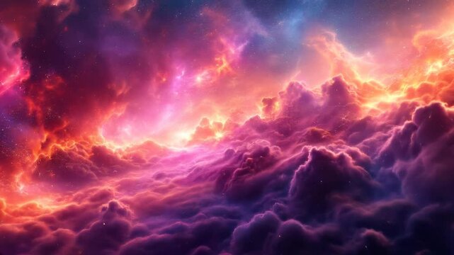 The camera glides smoothly through a vibrant nebula, with swirling clouds of color and sparkling stars surrounding it. As it travels deeper into the galaxy