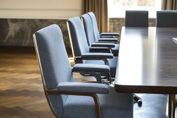 Conference Room Setup with Modern Chairs and Dark Wooden Table