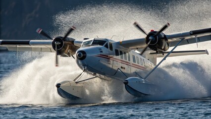 Seaplane takeoff, highlighting the water spray and aircraft.