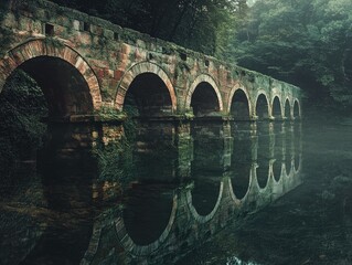 Fototapeta premium Ancient stone bridge with multiple arches reflected in calm, misty water, nestled within a lush green forest.