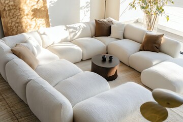 Stylish Modular Sofa with Pillows and Modern Table in Bright Interior