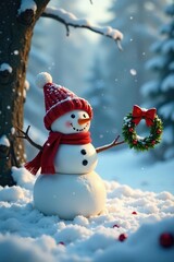 Fototapeta premium Snowman and wreath in a winter wonderland scene, scenery, wreath