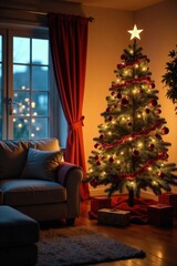 Obraz premium Cozy living room with festive Christmas tree and twinkling lights, warm glow, cozy atmosphere, holiday season