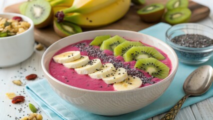 Pitaya smoothie bowl with fruit, kiwi, banana, and poppy seeds.