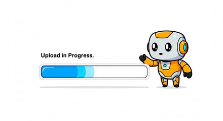 Uploading Progress: A friendly robot character indicates an upload in progress with a dynamic progress bar on screen. Perfect for technology, digital, and online resource visuals.