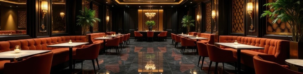 Black gold VIP lounge interior with marble tables and high chairs, design, high-end