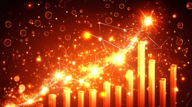 Financial stock chart in red colors surging upward with glowing dots and lines