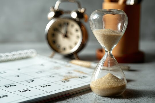 Conceptual time management still life featuring hourglass clock and calendar for planning