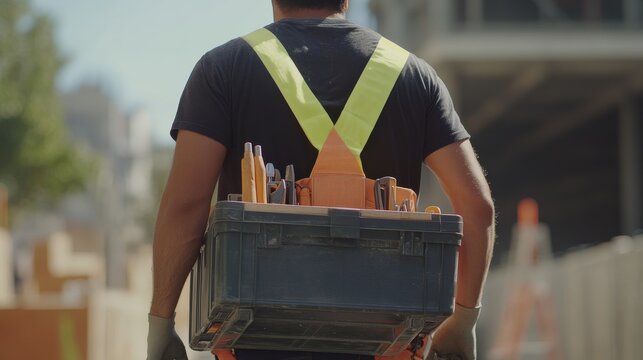 A Hispanic construction worker carrying a toolbox across the construction site. Featuring mobility and efficiency