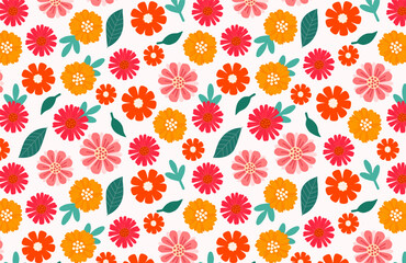 Fototapeta premium Seamless floral pattern in scandinavian style. Bright cartoon print with colorful flowers. Hand drawn design for print, cards, paper, design, fabric, gift wrap, decoration, background, wallpaper