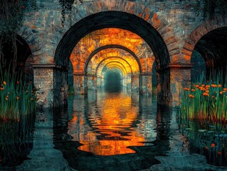 Enigmatic stone archway bridge submerged in water, glowing orange light at the end.