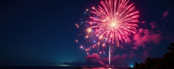 Fireworks radiating colorful patterns and shapes across dark night sky, sparkles in the sky, colorful lights, fireworks explosion