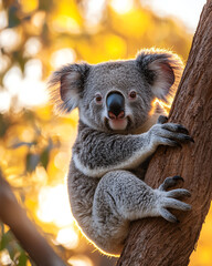 Fototapeta premium A cute koala clings to a tree branch, surrounded by golden autumn leaves, capturing a serene moment in nature.