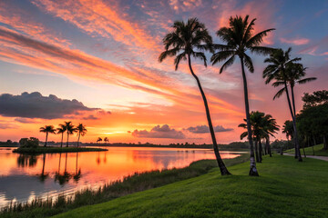 Obraz premium Palm trees at sunset landscape tropical lake florida travel destination