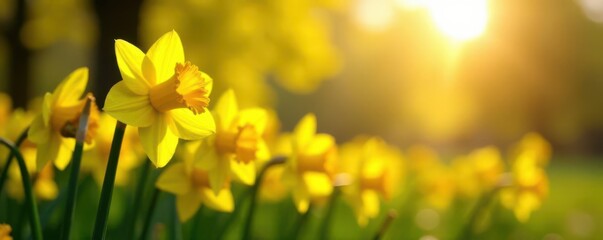 Fototapeta premium Glistening yellow daffodils stretching towards the sun, bright yellow flowers, wildflower field
