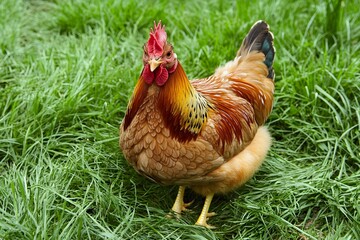 Rooster in Lush Green Grass Farm Animal