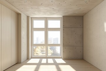 Sala de estar minimalista com paredes de concreto aparente, iluminação embutida no teto, janelas amplas com vista urbana e decoração neutra, IA generativa