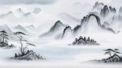 Ink Wash Painting of Misty Mountains with Trees and Fog against a Soft Gray Background
