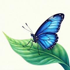 Obraz premium Blue watercolor butterfly perched on a leaf with intricate veins and a subtle gradient effect, butterfly, insect