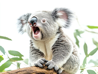 Fototapeta premium A playful koala perched on a tree branch, showcasing its adorable features in a bright and lively setting.