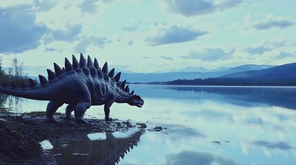 A large dinosaur-like creature standing beside a tranquil lake at dawn in a prehistoric landscape with mountains in the distance and soft clouds
