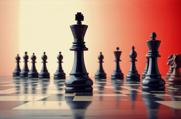 Black chess pieces are positioned on a wooden chessboard against a gradient red backdrop, highlighting the king in focus, ready for a strategic game.