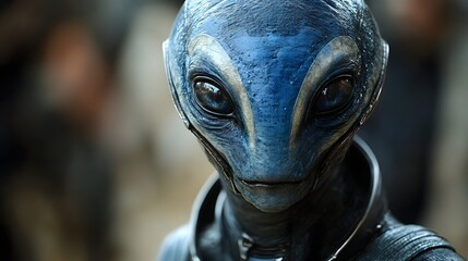 Blue-skinned alien with textured face and deep black eyes in a realistic sci-fi environment, detailed close-up portrait

