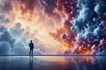 A lone figure gazes at a breathtaking expanse of colorful clouds, painted with vibrant orange and blue hues in a surreal, dreamlike atmosphere.