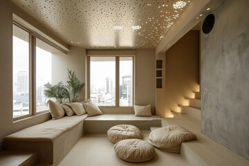 Sala de estar minimalista com paredes de concreto aparente, iluminação embutida no teto, janelas amplas com vista urbana e decoração neutra, IA generativa