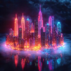 Fototapeta premium Futuristic neon cityscape island, floating above a misty reflective surface, vibrant colors illuminate the skyscrapers in a circular island