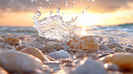 Sunrise water splash on pebble beach